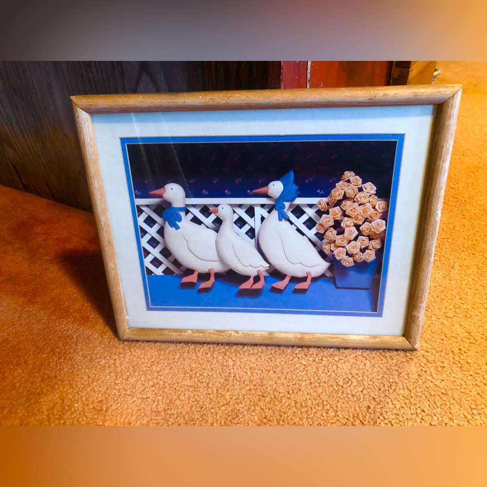 8850A VTG Wooden Framed Print “Country Goose” Blue White Geese Elizabeth Brownd